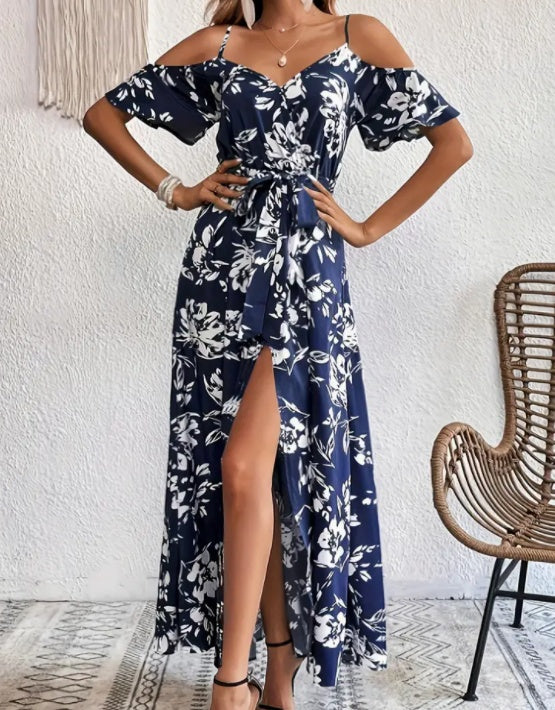 Flower print split summer dress with lace-up design and suspenders.