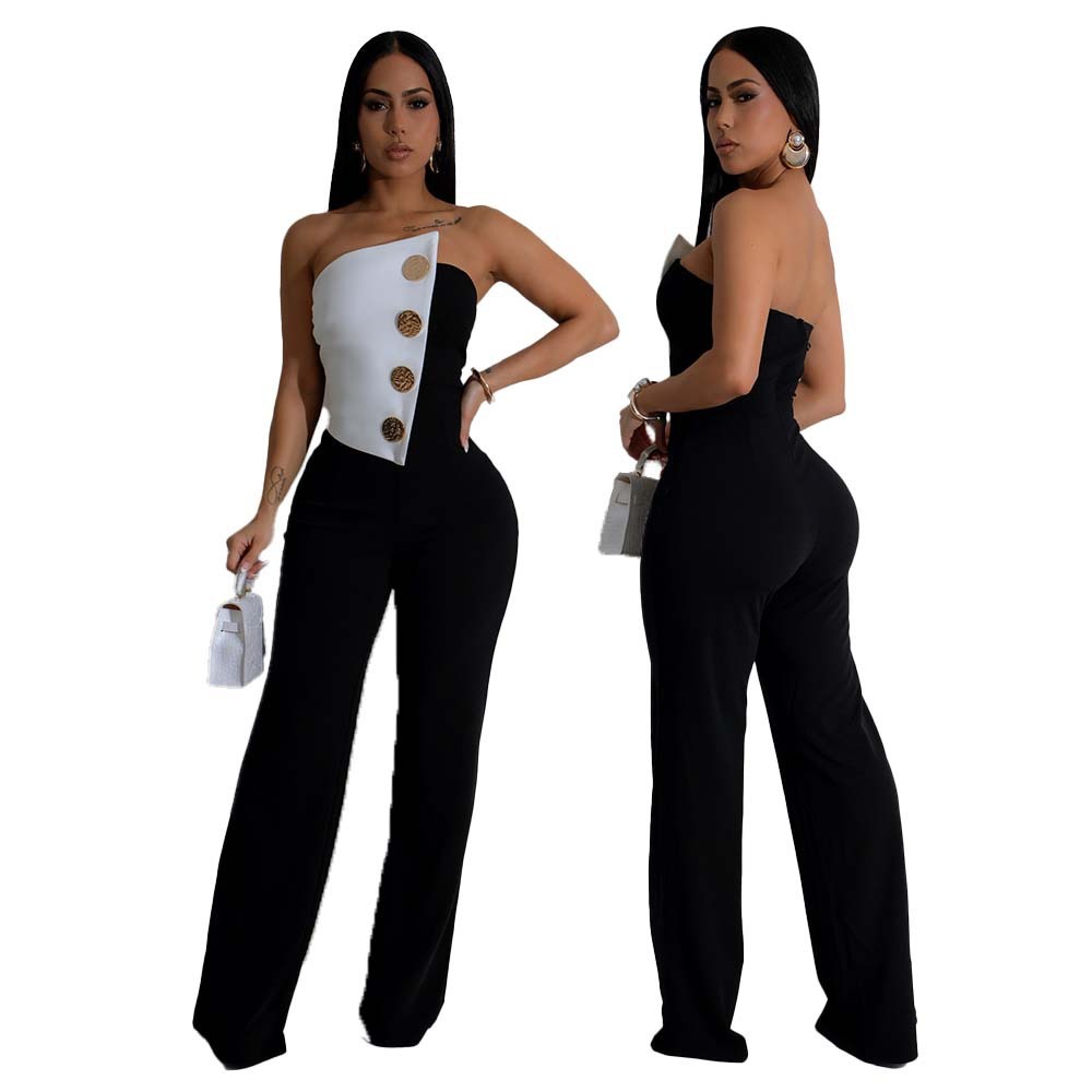 Women's black and white button jumpsuit, sleeveless and mid-waist, suitable for commute style.