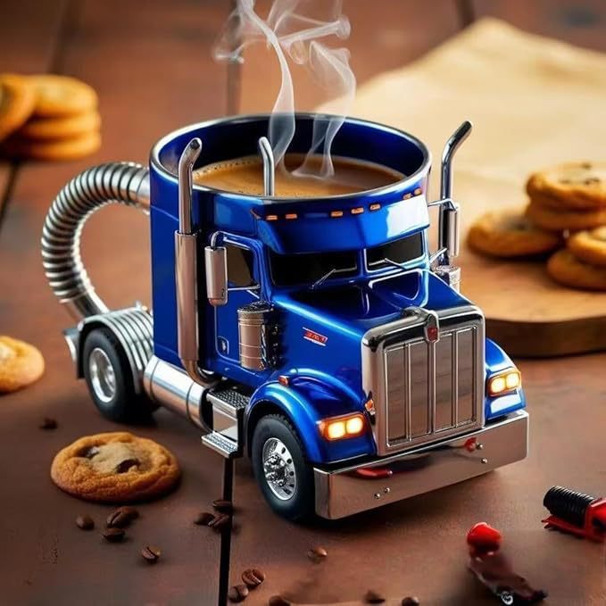 Semi-trailer shaped ceramic coffee mug in blue, designed as a truck with steam rising, perfect for coffee lovers and truck enthusiasts.