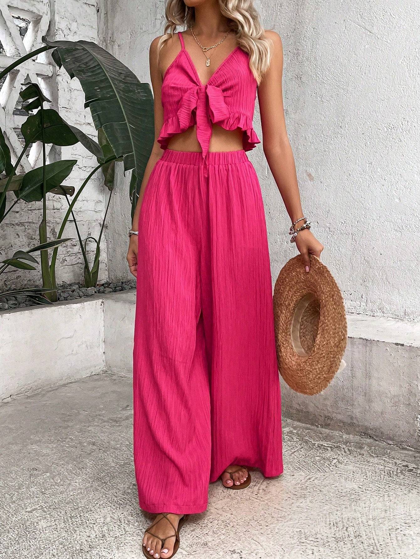 Elegant Pariaura knot front cami top with wide-leg pants, spring/summer fashion.
