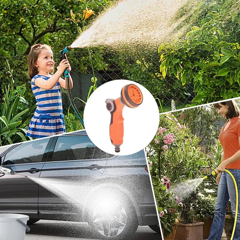 Garden hose spray nozzle with 8 adjustable patterns for versatile watering and cleaning, featuring ergonomic grip and high-pressure functionality.