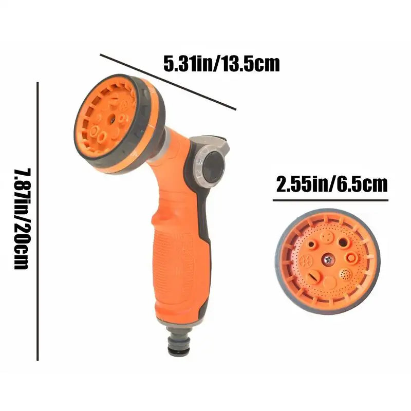 Garden hose spray nozzle with 8 adjustable spray patterns and high-pressure ABS construction, dimensions 20x13.5x6.5cm.