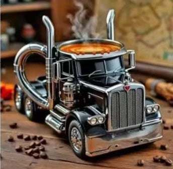 semi-truck shaped ceramic coffee mug with steam rising