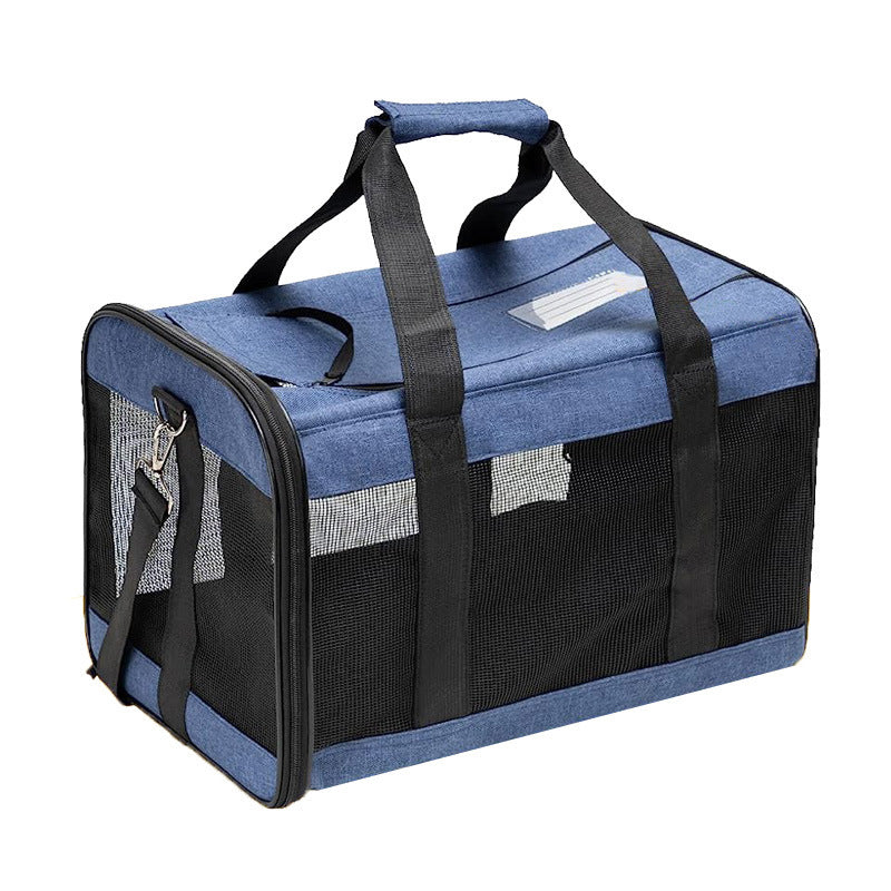 Portable blue pet carrier bag for dogs and cats, featuring breathable mesh panels and sturdy handles for travel.