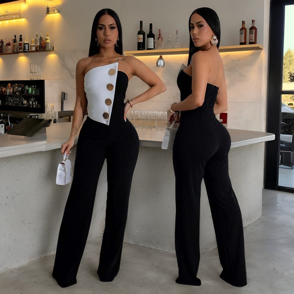 Women's button jumpsuit in black and white, sleeveless with high elasticity and mid-waist, suitable for commute style.