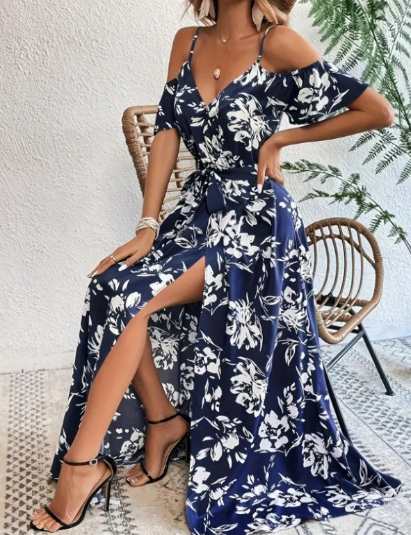 Flower print split suspender summer dress with lace-up design in navy blue.