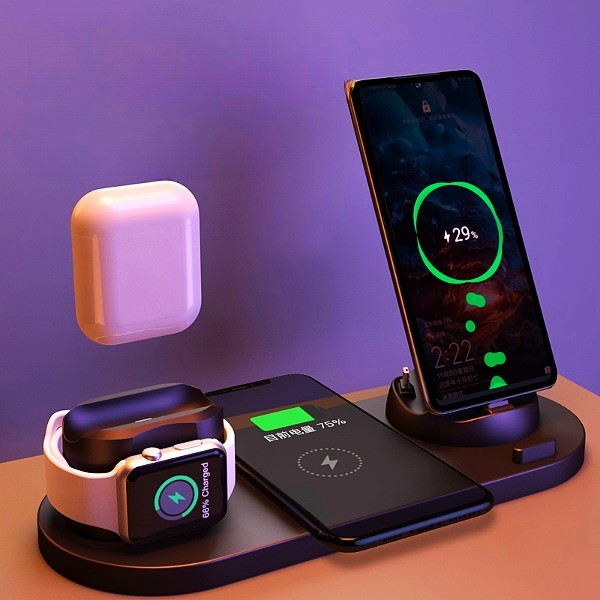 6 in 1 wireless charger for iPhone, fast charging dock station for phone, watch, and earbuds.