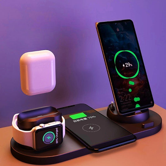 6 in 1 wireless charger for iPhone, fast charging dock station for phone, watch, and earbuds.